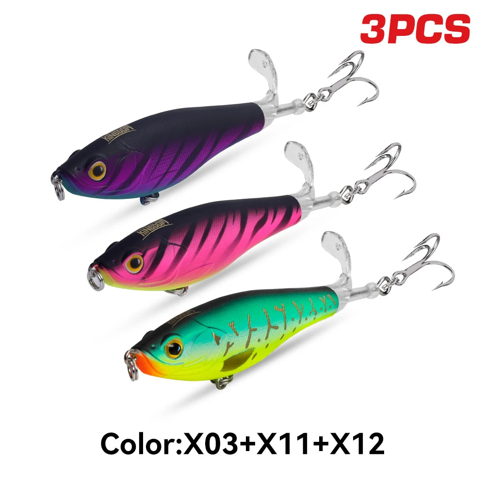 3PCS Topwater Lure Set 90mm/11g & 110mm/17g Artificial Popper Whopper Plopper Hard Wobblers for Bass Trout Pike Zander Fishing