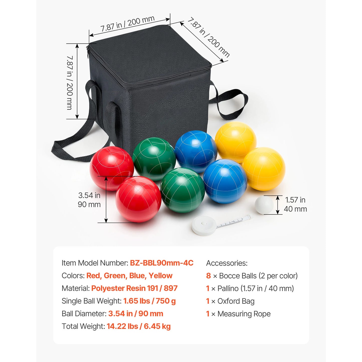 Bocce Ball Set 8 Resin Balls with Pallino Carry Bag and Measuring Rope Multi Color for Beach Lawn and Backyard Games