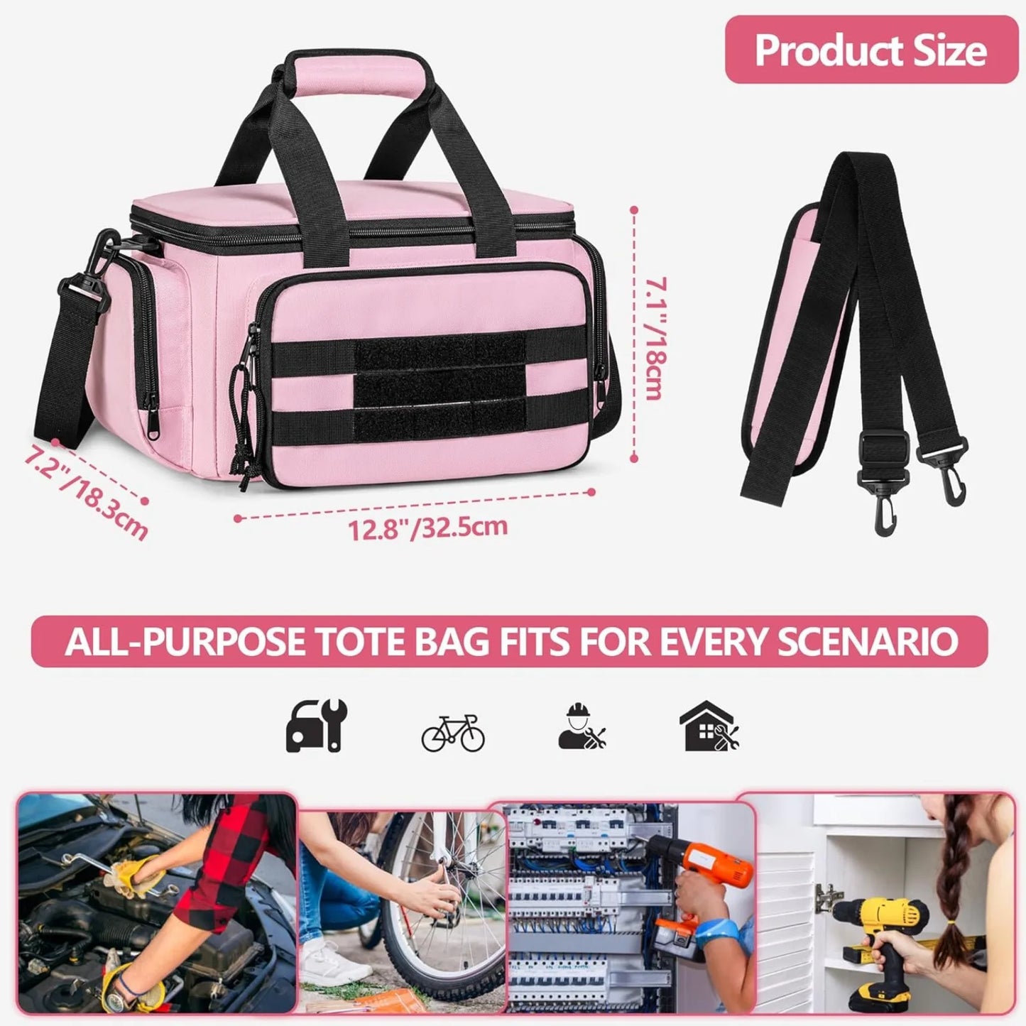 Pink Tool Bag For Women, Lady Tool Tote Bag Storage Organizer with Anti-friction Bottom for Electrician, Carpenters, Repairman