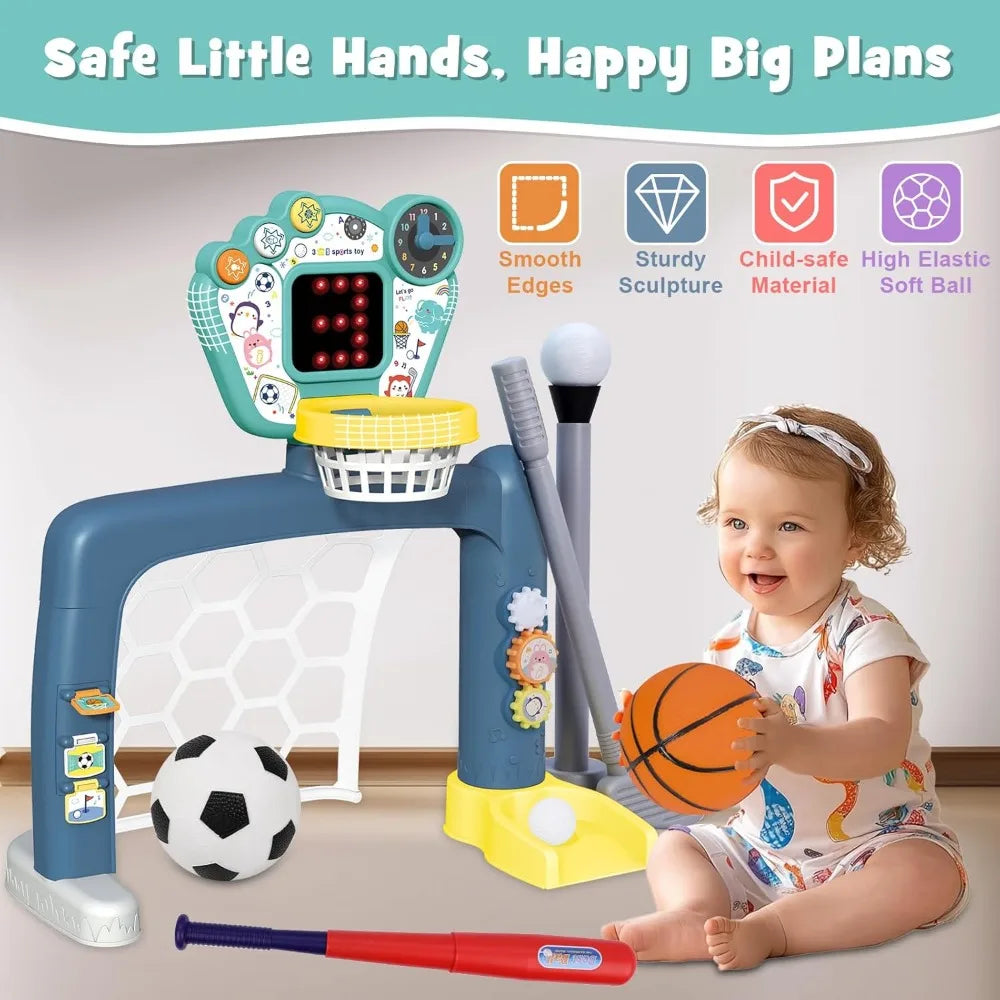 4 in 1 Adjustable Basketball Hoop Soccer Goal for Toddlers, Kids Sports Toys with Golf Baseball, LED Scoreboard, Music & Educational Games, Indoor Outdoor Activity Center Age 18+ Months