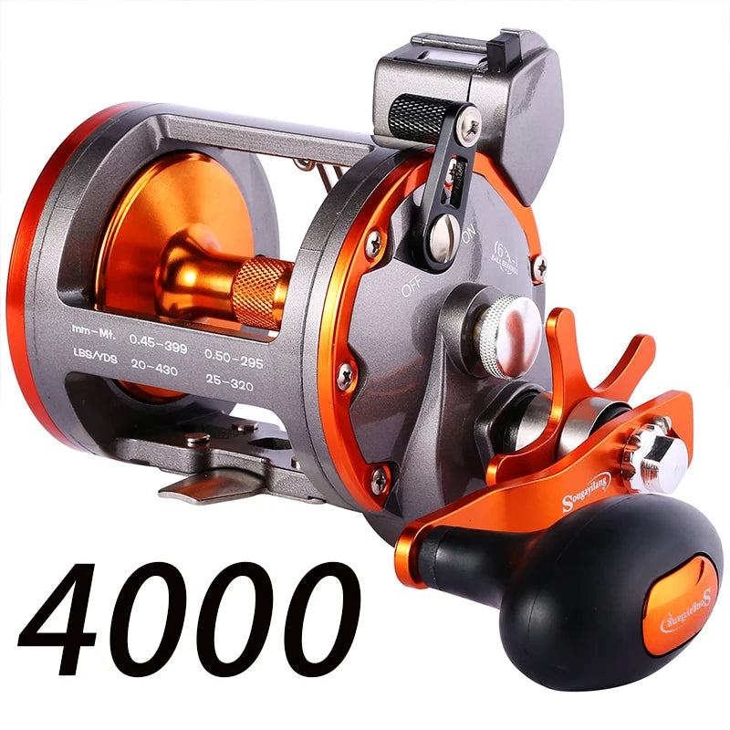 Counter Trolling Reel Conventional Level Wind Fishing Reel for Sea Bass Grouper 4.1:1/6+1BB Max Drag 30Kg