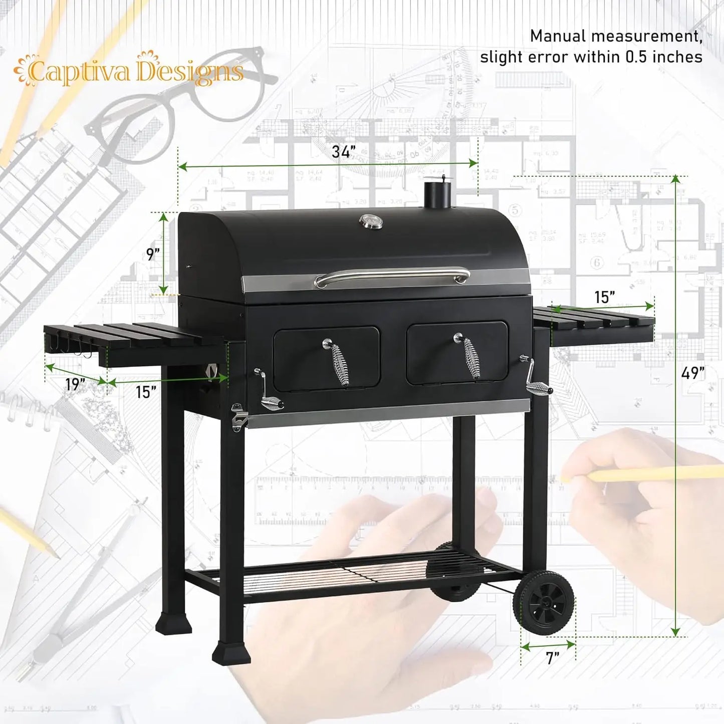 Extra Large Charcoal BBQ Grill, 794 SQIN Oversize Cooking Surface, Outdoor Barbecue Grill with 2 Independent Adjustable Charcoal Trays & 2 Foldable Side Tables