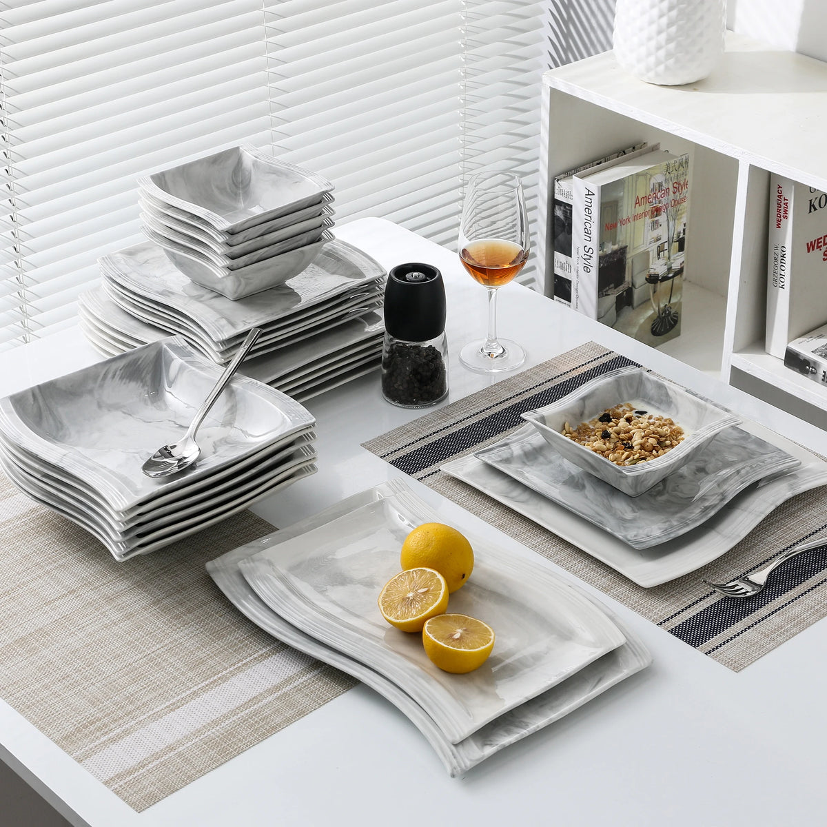 26-PIECE Nordic European Marble Gray Porcelain Tableware Set with Bowl,Dinner Plate,Dessert&Soup Plate Set for 6