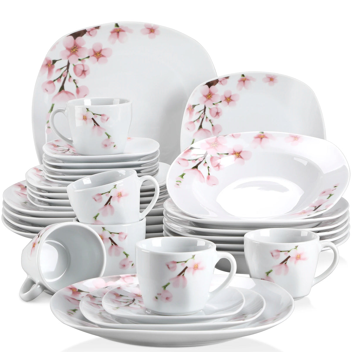 60-Piece White Ceramic Pink Floral Porcelain Plate Set with Dinner Soup Dessert Plate ,Cups Saucers for 12 Person