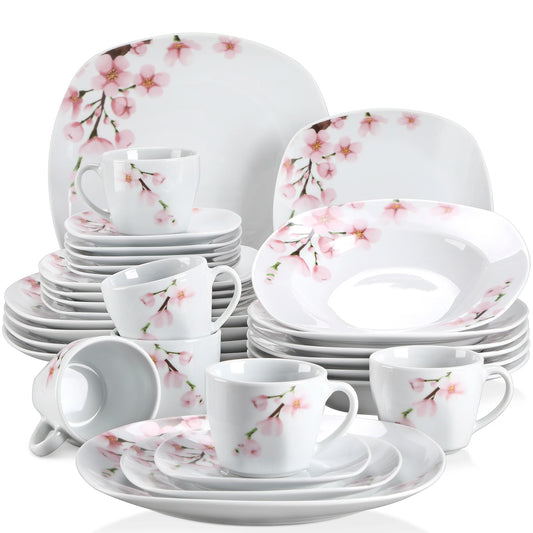 60-Piece White Ceramic Pink Floral Porcelain Plate Set with Dinner Soup Dessert Plate ,Cups Saucers for 12 Person