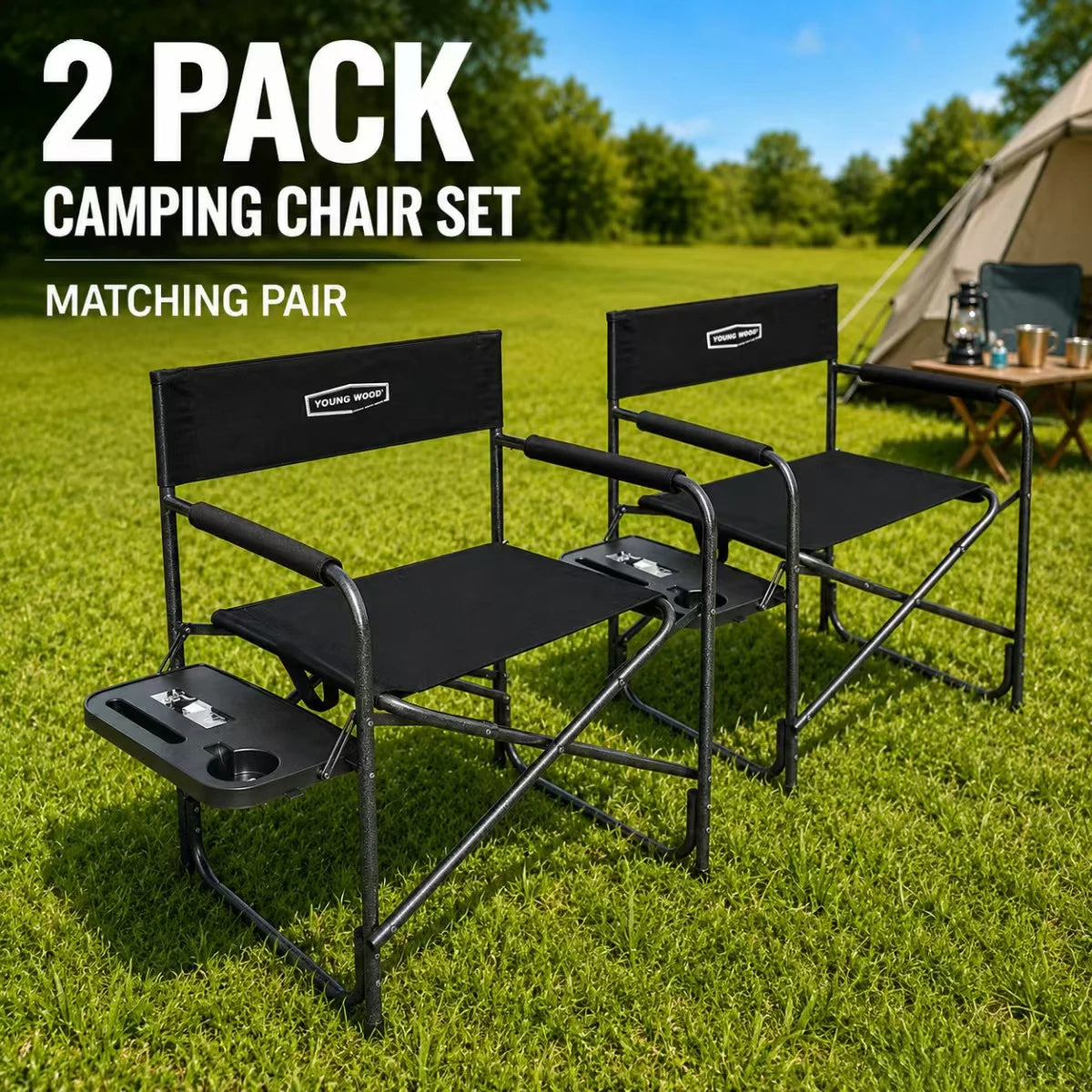 2PCS Portable Outdoor Chair with Side Table, Cup Holder & Storage Pocket, Camping, Fishing, Patio, Picnic Heavy Duty Camping Folding Director Chair