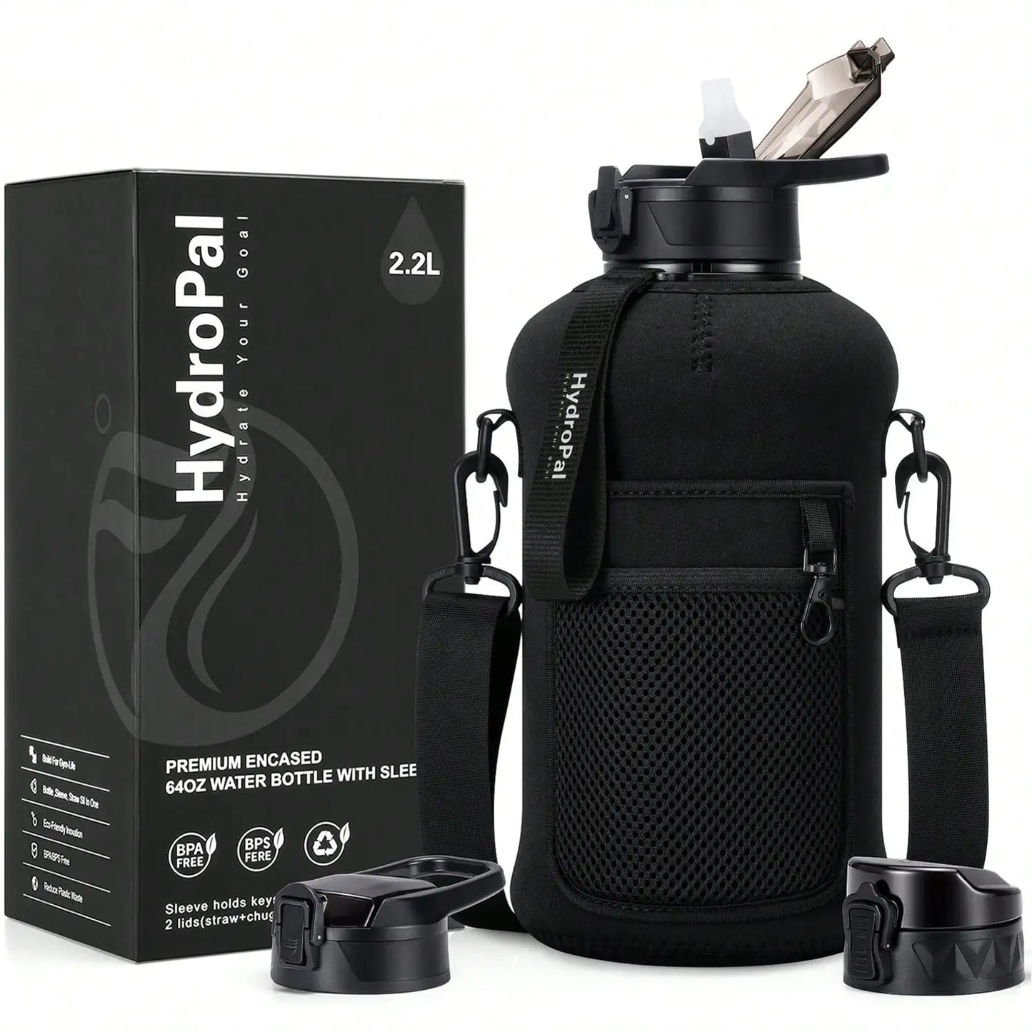 UKEIN Half Gallon Water Bottle With Storage Sleeve, 74oz Large Water Bottle With 2 Lids(Straw Lid And Chug Lid), Big Sports Wate