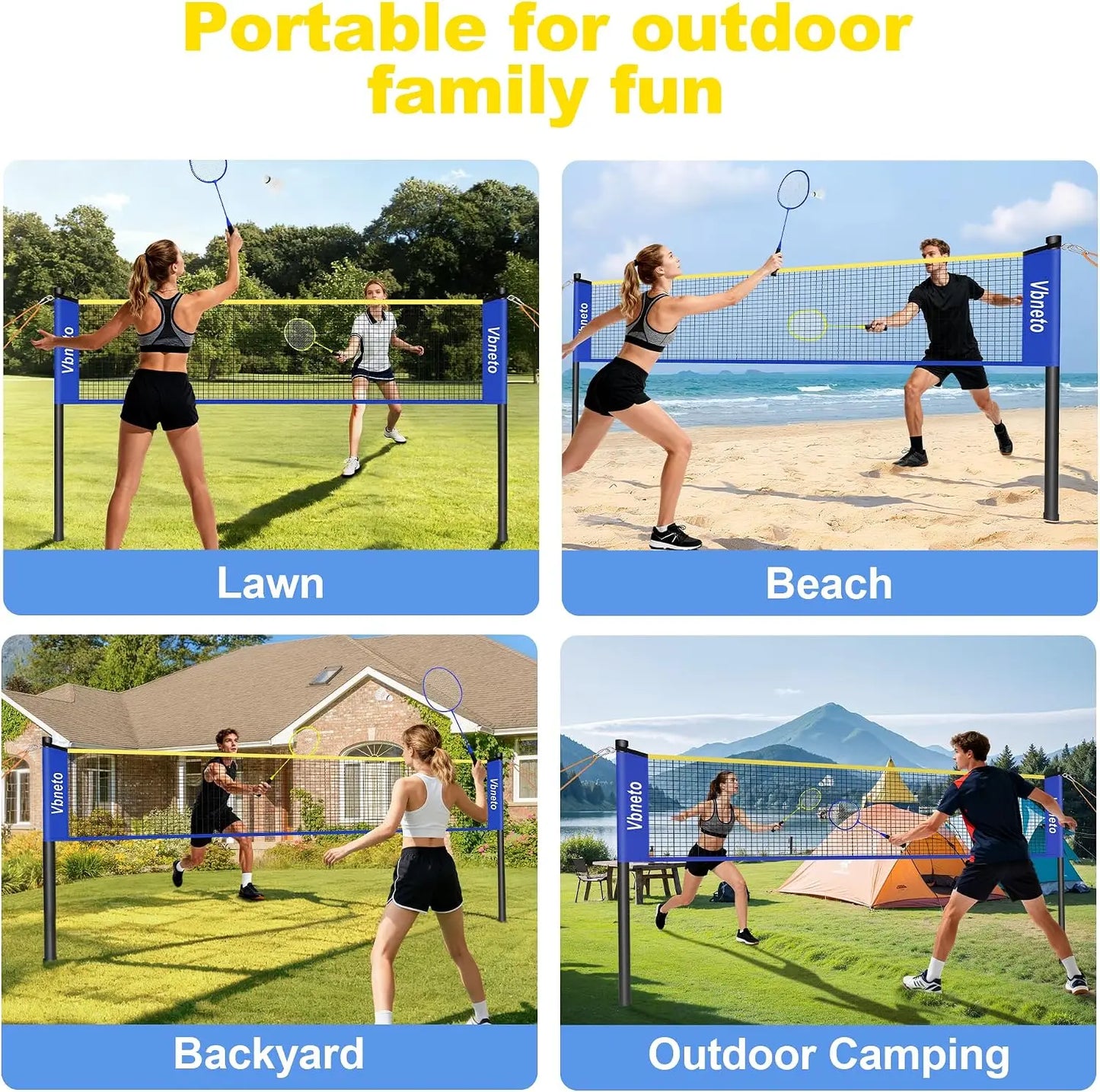 Badminton Set Portable Outdoor Anti-Sag Net 20ft x 5ft with 4 Rackets 3 Shuttlecocks Carry Bag for Backyard Lawn Beach