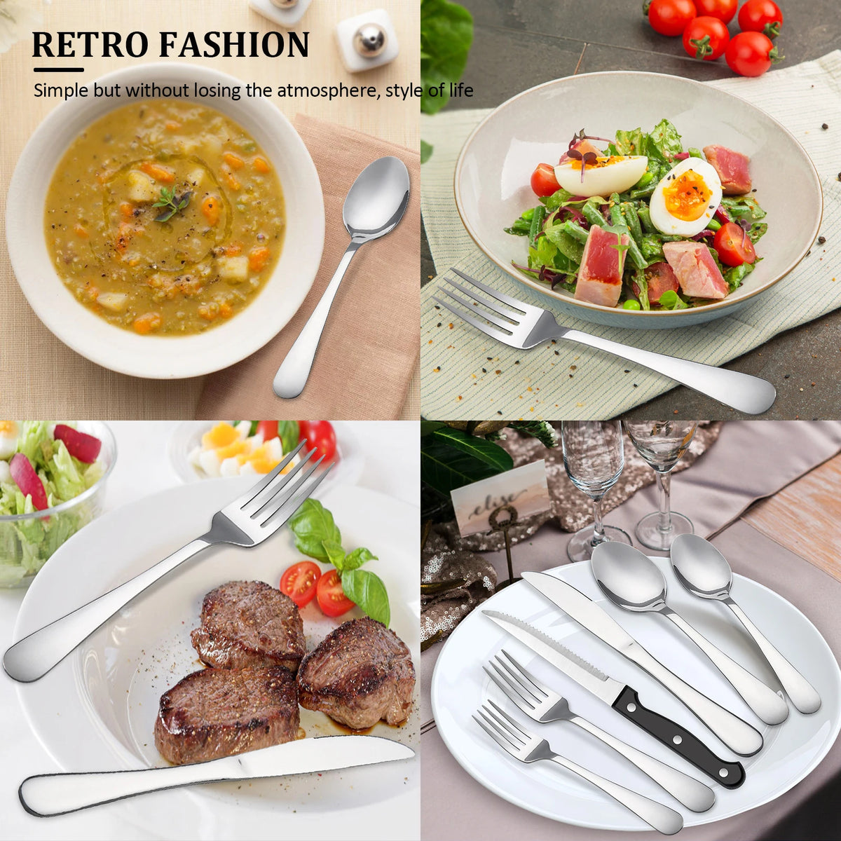 48Pcs Stainless Steel Cutlery Set Steak Knives Included Mirror Polished Flatware Set Dinner Knife Fork Spoon Tableware Kitchen Utensils Dishwasher Safe For Home Restaurant Party