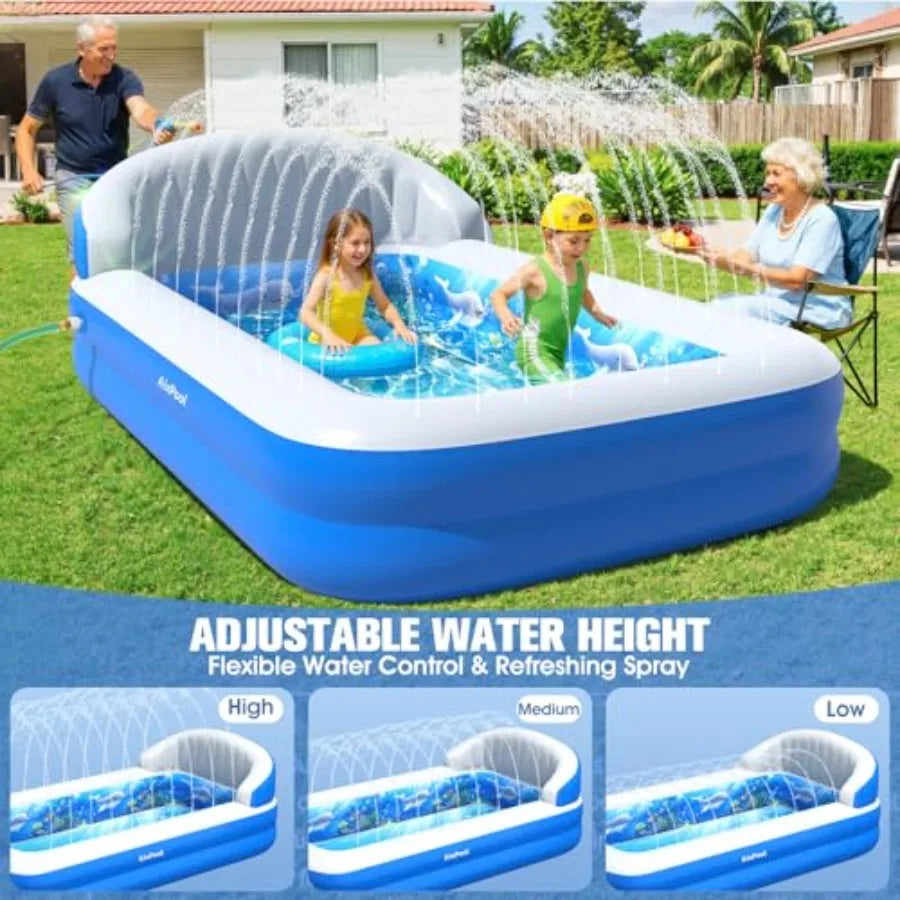 Inflatable Pool with Sprinkler, Durable Blow up Pool with Big Backrest, Rectangle Pool Backyard, Swimming Pool