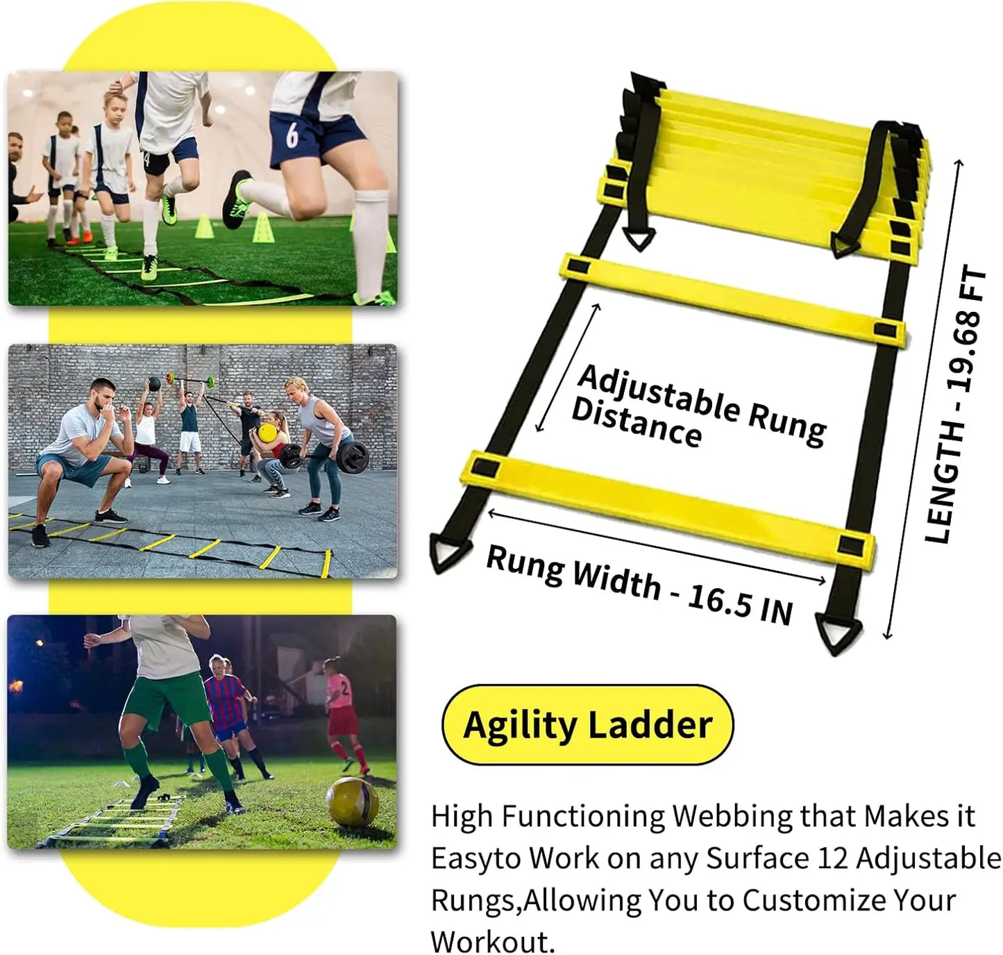 Soccer Agility Training Equipment Set with 20ft Ladder, 12 Cones, Solo Trainer, Jump Rope for Speed and Footwork