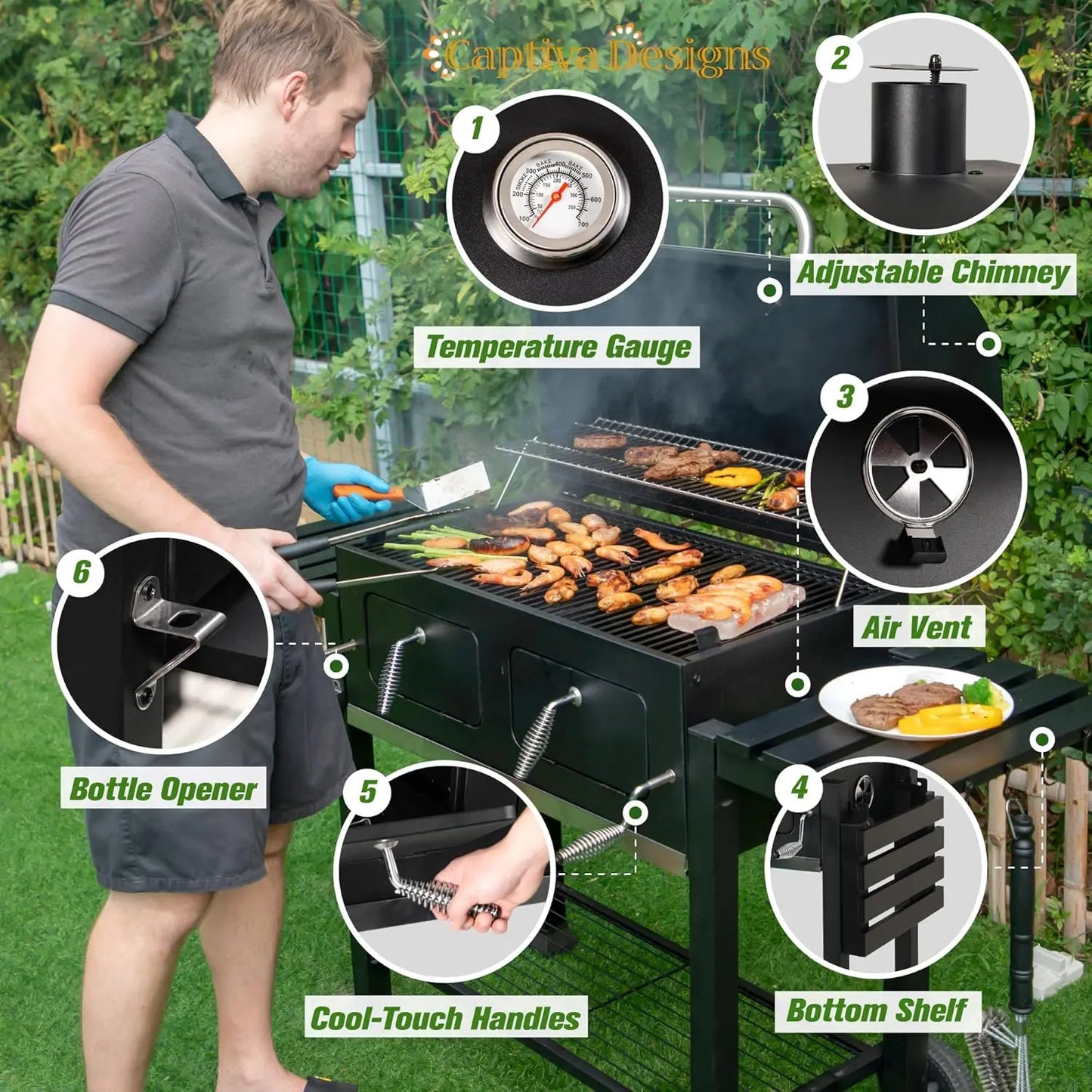 Extra Large Charcoal BBQ Grill, 794 SQIN Oversize Cooking Surface, Outdoor Barbecue Grill with 2 Independent Adjustable Charcoal Trays & 2 Foldable Side Tables