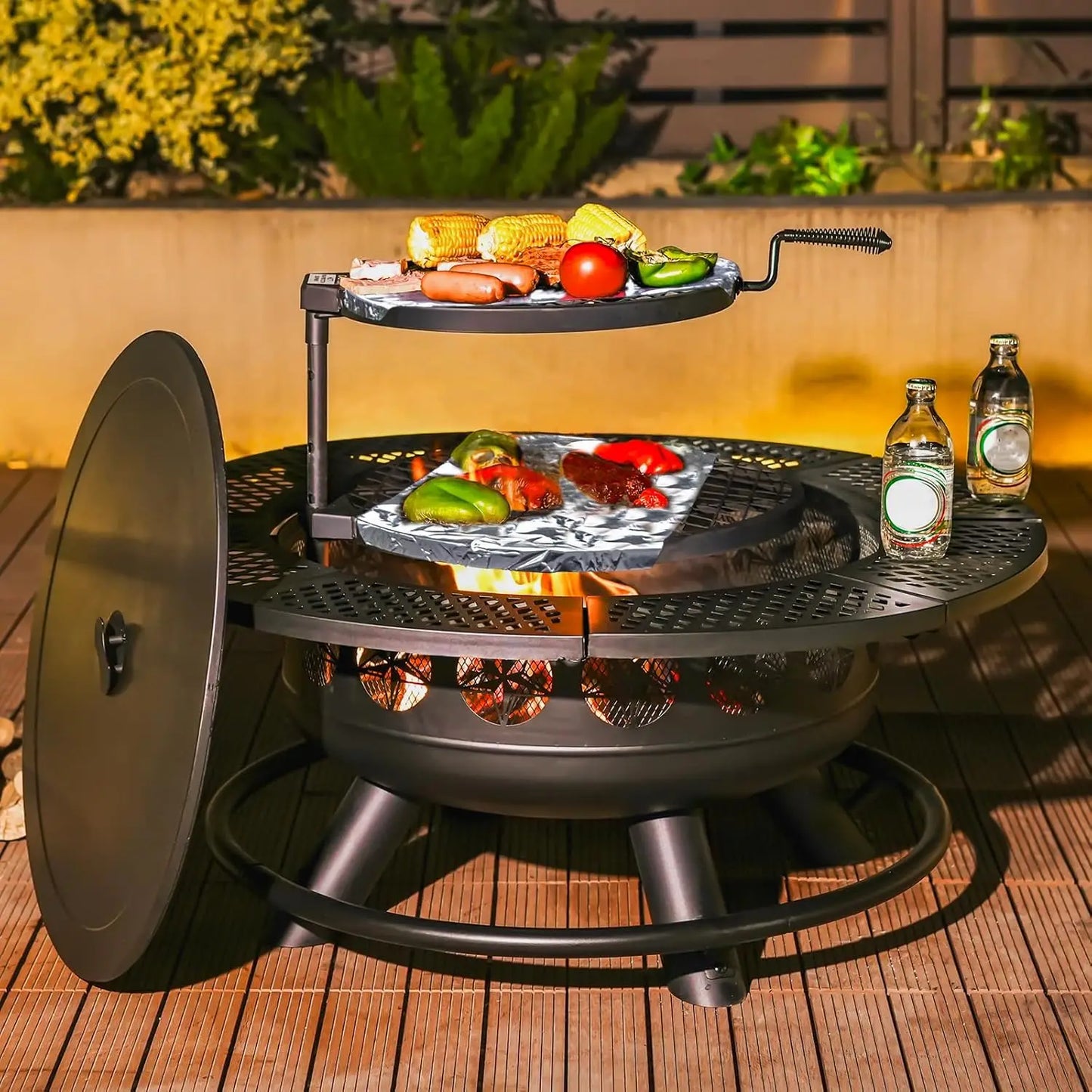 36 Inch Fire Pit with 2 Cooking Grills,Outdoor Wood Burning BBQ Firepit with Lid, 3-in-1 Outdoor Fire Pit for Backyard Deck