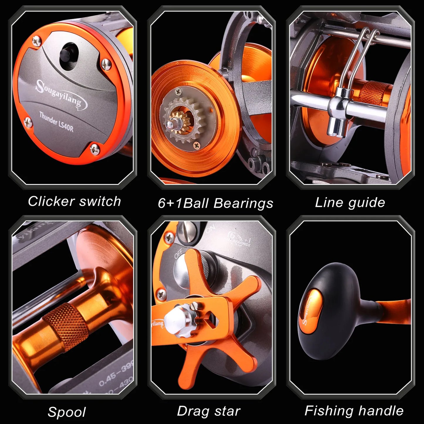 Counter Trolling Reel Conventional Level Wind Fishing Reel for Sea Bass Grouper 4.1:1/6+1BB Max Drag 30Kg