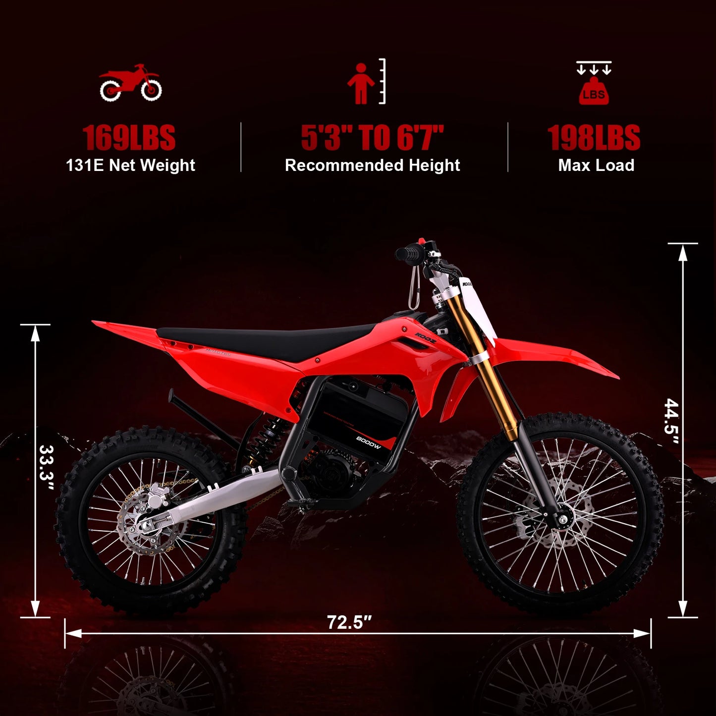 HP131E-L 72V 8000W Pro Electric Dirt Bike for Adults,3 Speed Modes Electric Motorcycle Up to 56 MPH with 19"/16" Tires.