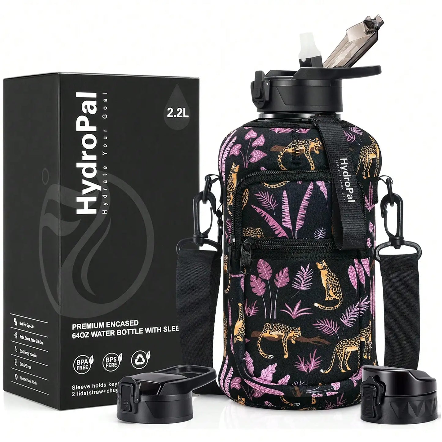Half Gallon Water Bottle With Storage Sleeve, 74oz Large Water Bottle With 2 Lids(Straw Lid And Chug Lid)
