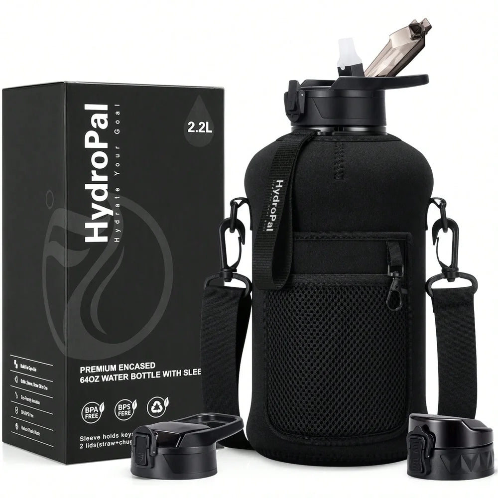Half Gallon Water Bottle With Storage Sleeve, 74oz Large Water Bottle With 2 Lids(Straw Lid And Chug Lid)
