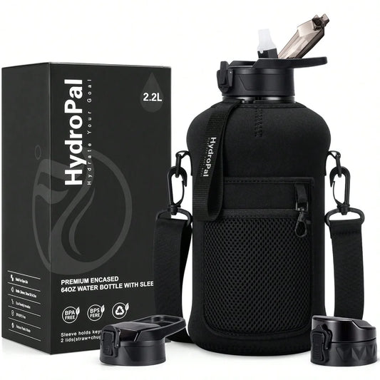 Half Gallon Water Bottle With Storage Sleeve, 74oz Large Water Bottle With 2 Lids(Straw Lid And Chug Lid)