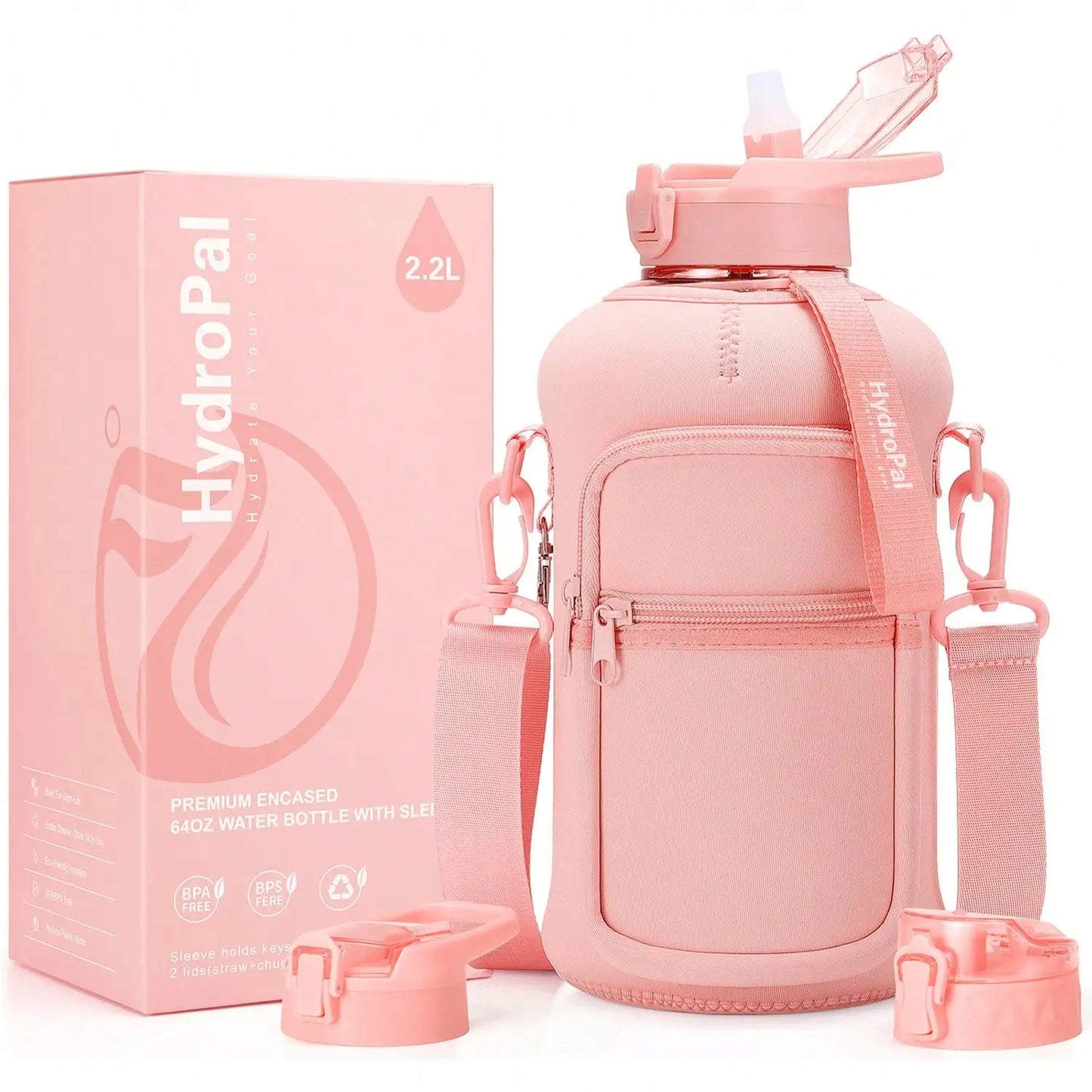UKEIN Half Gallon Water Bottle With Storage Sleeve, 74oz Large Water Bottle With 2 Lids(Straw Lid And Chug Lid), Big Sports Wate