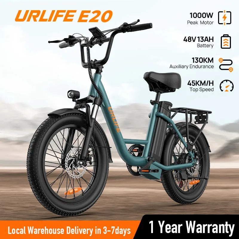 1000W E20 Electric Bike | 48V 13Ah Removable Battery, 28MPH, 20''X3" Fat Tire, 7-Speed E-Bike with Dual Disc Brake