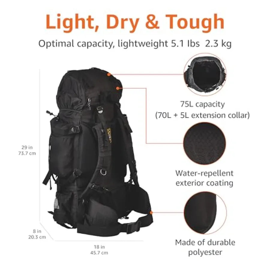 Internal Frame Hiking Backpack for Camping and Backpacking, Adjustable Straps, Rainfly Included