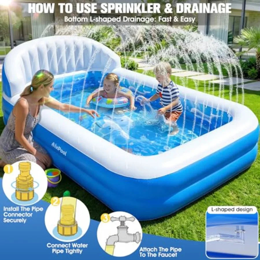 Inflatable Pool with Sprinkler, Durable Blow up Pool with Big Backrest, Rectangle Pool Backyard, Swimming Pool