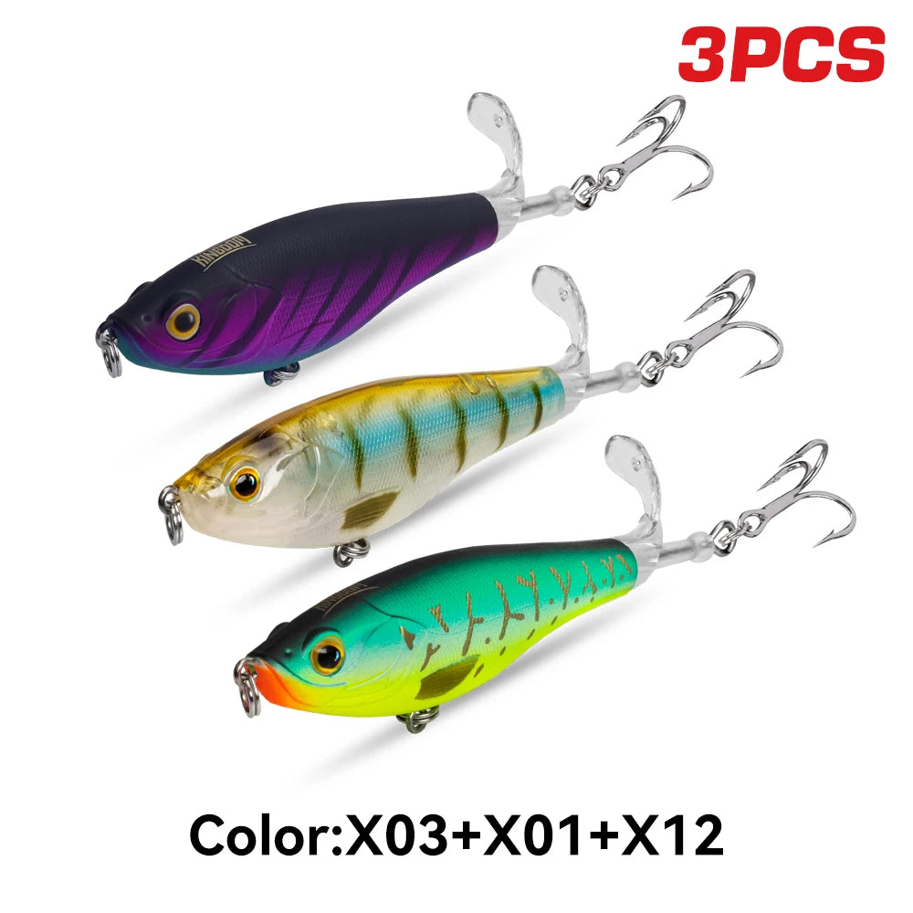 3PCS Topwater Lure Set 90mm/11g & 110mm/17g Artificial Popper Whopper Plopper Hard Wobblers for Bass Trout Pike Zander Fishing