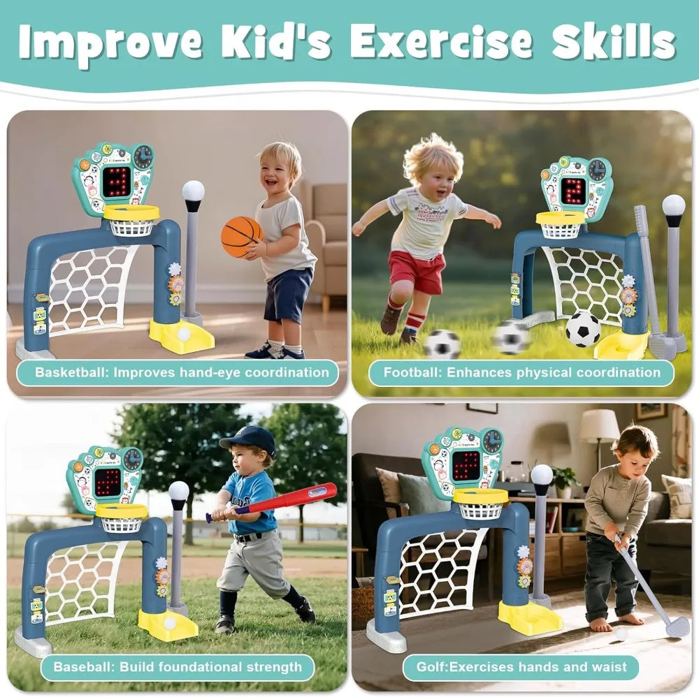 4 in 1 Adjustable Basketball Hoop Soccer Goal for Toddlers, Kids Sports Toys with Golf Baseball, LED Scoreboard, Music & Educational Games, Indoor Outdoor Activity Center Age 18+ Months