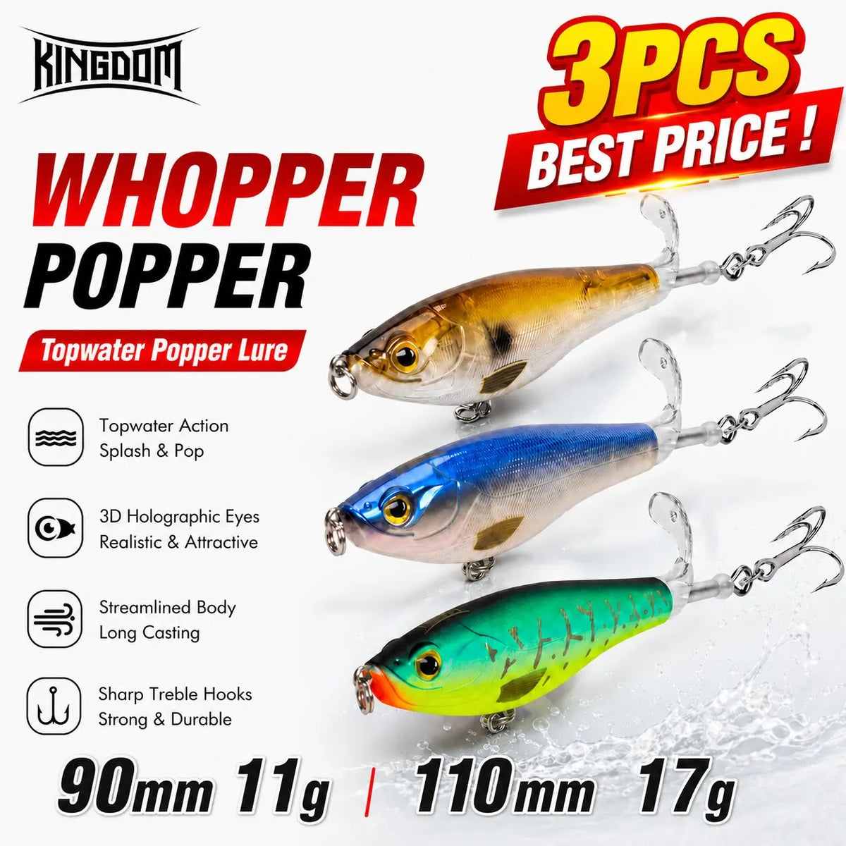 3PCS Topwater Lure Set 90mm/11g & 110mm/17g Artificial Popper Whopper Plopper Hard Wobblers for Bass Trout Pike Zander Fishing