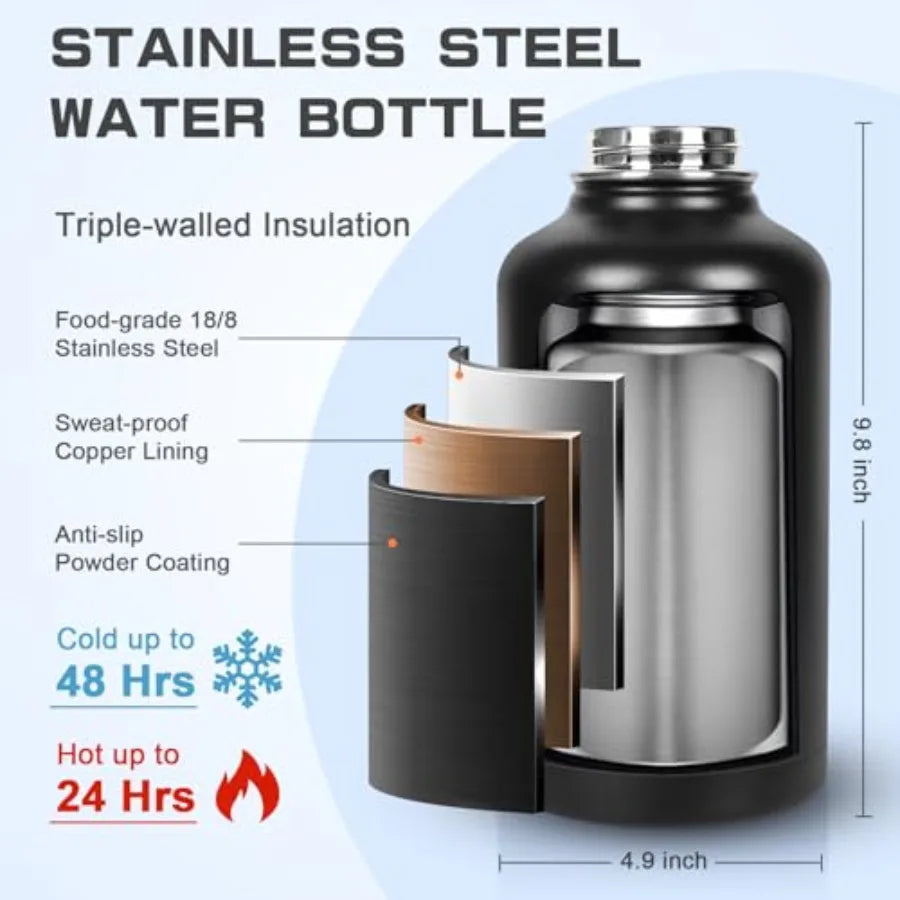 Insulated Water Bottle Half Gallon Water Jug Cold 48H BPA Free Stainless Steel Bottles with Straw/Chug 2-in-1 Lid Bag Paracord