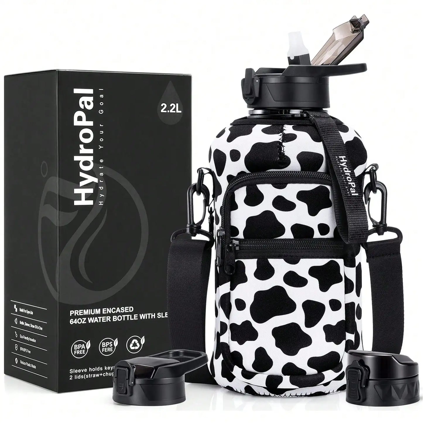 UKEIN Half Gallon Water Bottle With Storage Sleeve, 74oz Large Water Bottle With 2 Lids(Straw Lid And Chug Lid), Big Sports Wate