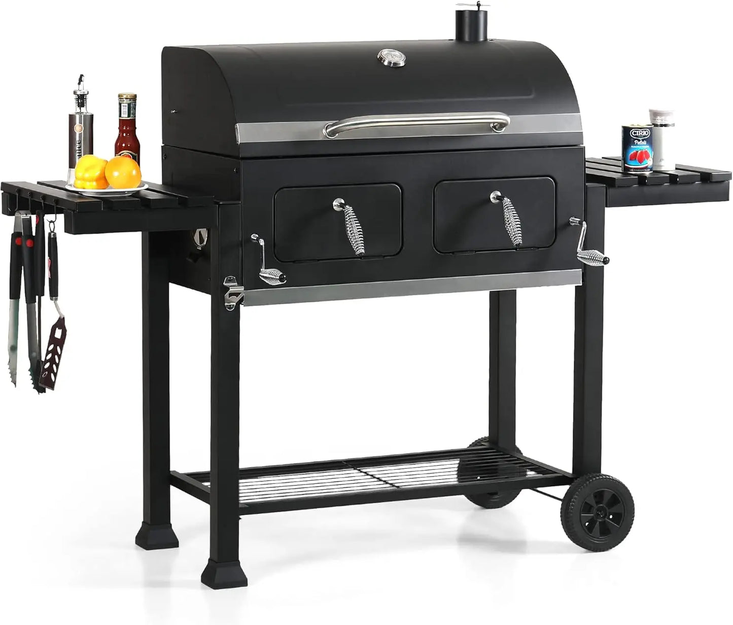 Extra Large Charcoal BBQ Grill, 794 SQIN Oversize Cooking Surface, Outdoor Barbecue Grill with 2 Independent Adjustable Charcoal Trays & 2 Foldable Side Tables