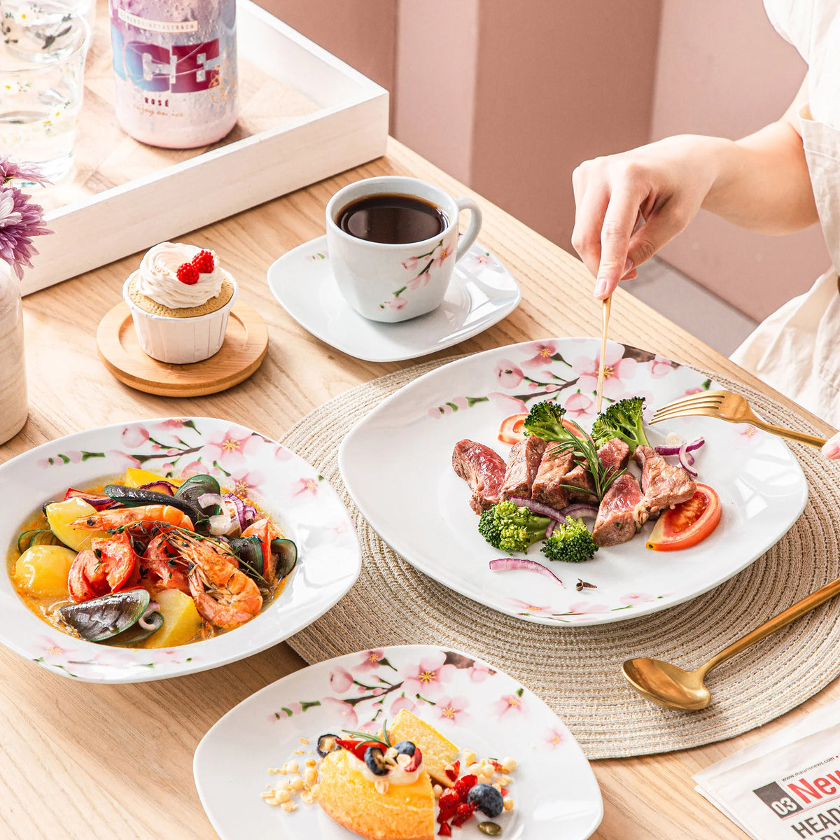 60-Piece White Ceramic Pink Floral Porcelain Plate Set with Dinner Soup Dessert Plate ,Cups Saucers for 12 Person