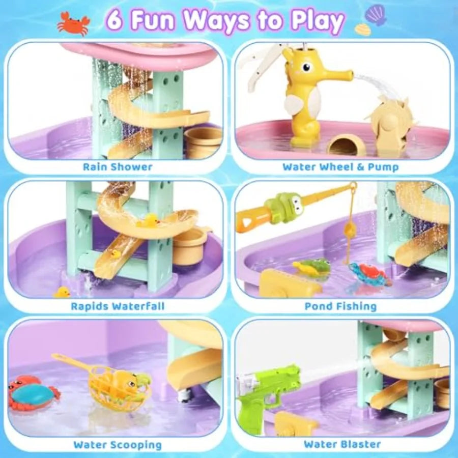Outdoor toddler water table for sensory play with sand and water BPA-free plastic blue and yellow includes 28PCS accessories an
