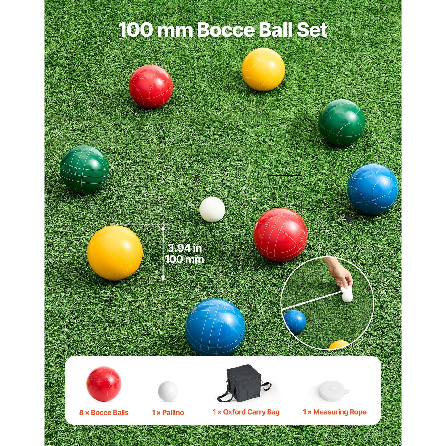 Ball Set 8 Resin Balls with Pallino Carry Bag and Measuring Rope Multi Color for Beach Lawn and Backyard Games