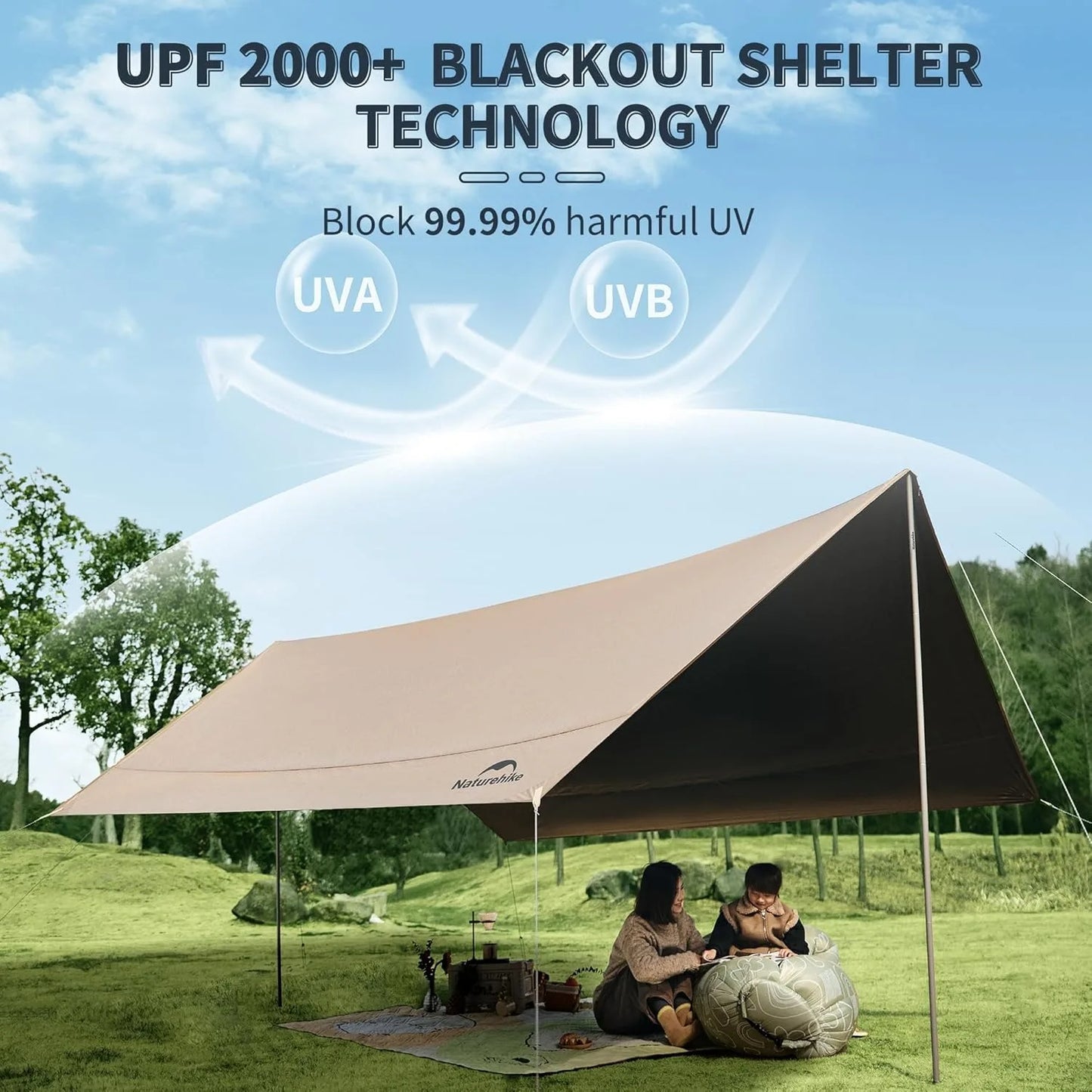 Large Camping Waterproof Canopy Camping Sun Shelter Summer Anti-UV UPF2000+ Family Ourdoor Park Beach Tent Tarp