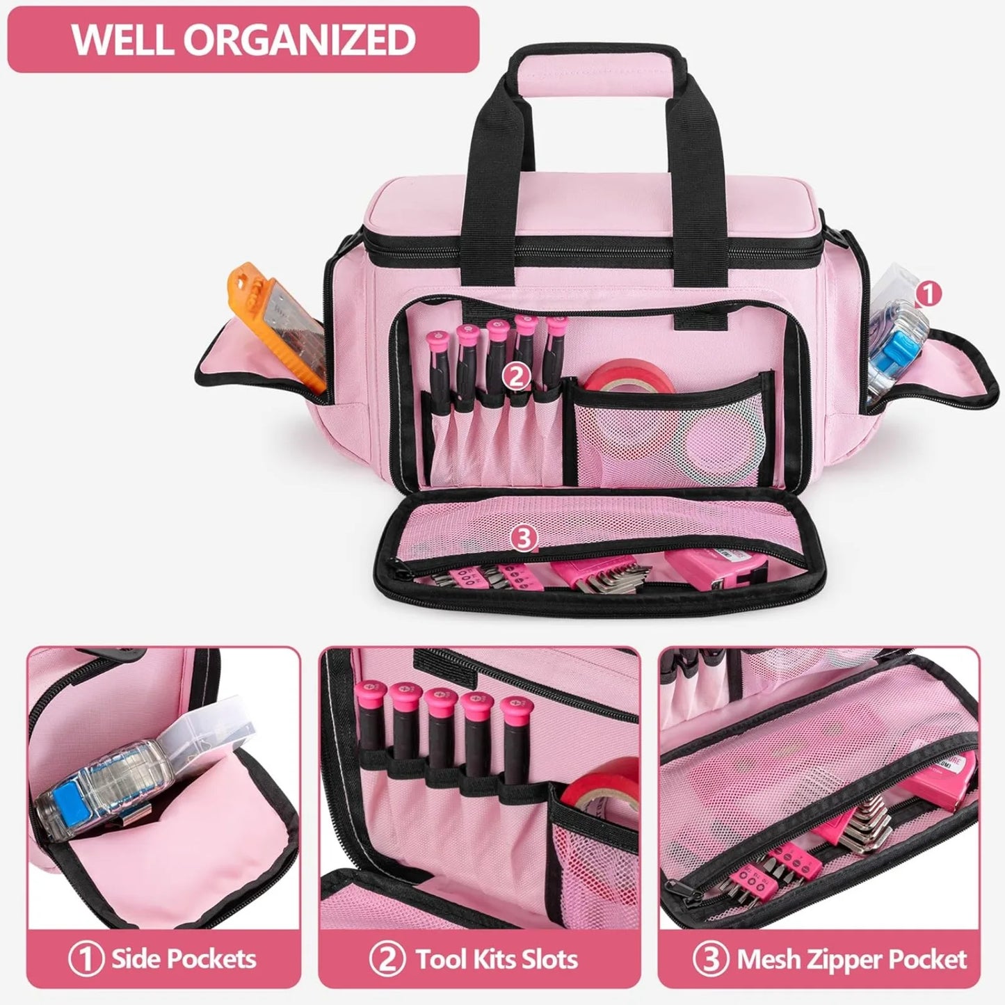 Pink Tool Bag For Women, Lady Tool Tote Bag Storage Organizer with Anti-friction Bottom for Electrician, Carpenters, Repairman