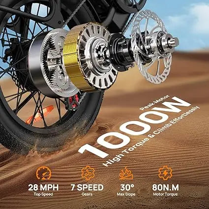 1000W E20 Electric Bike | 48V 13Ah Removable Battery, 28MPH, 20''X3" Fat Tire, 7-Speed E-Bike with Dual Disc Brake