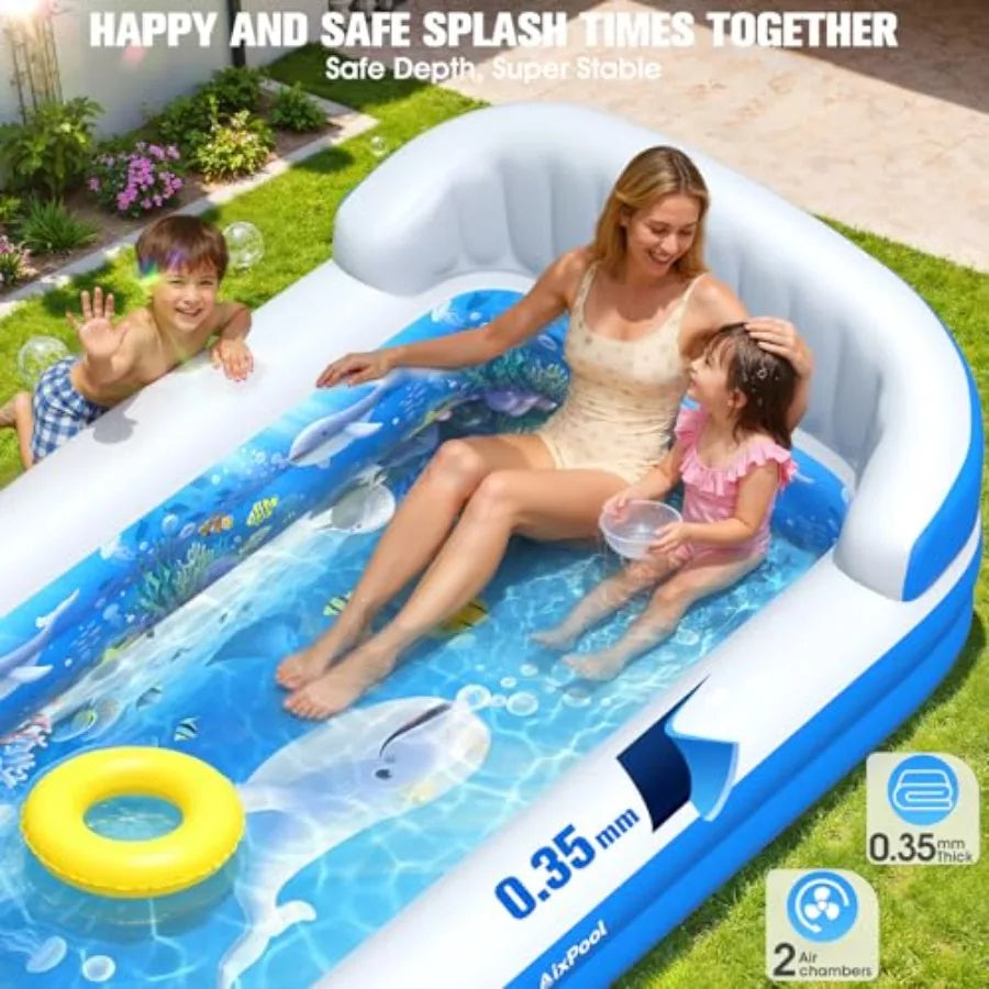 Inflatable Pool with Sprinkler, Durable Blow up Pool with Big Backrest, Rectangle Pool Backyard, Swimming Pool
