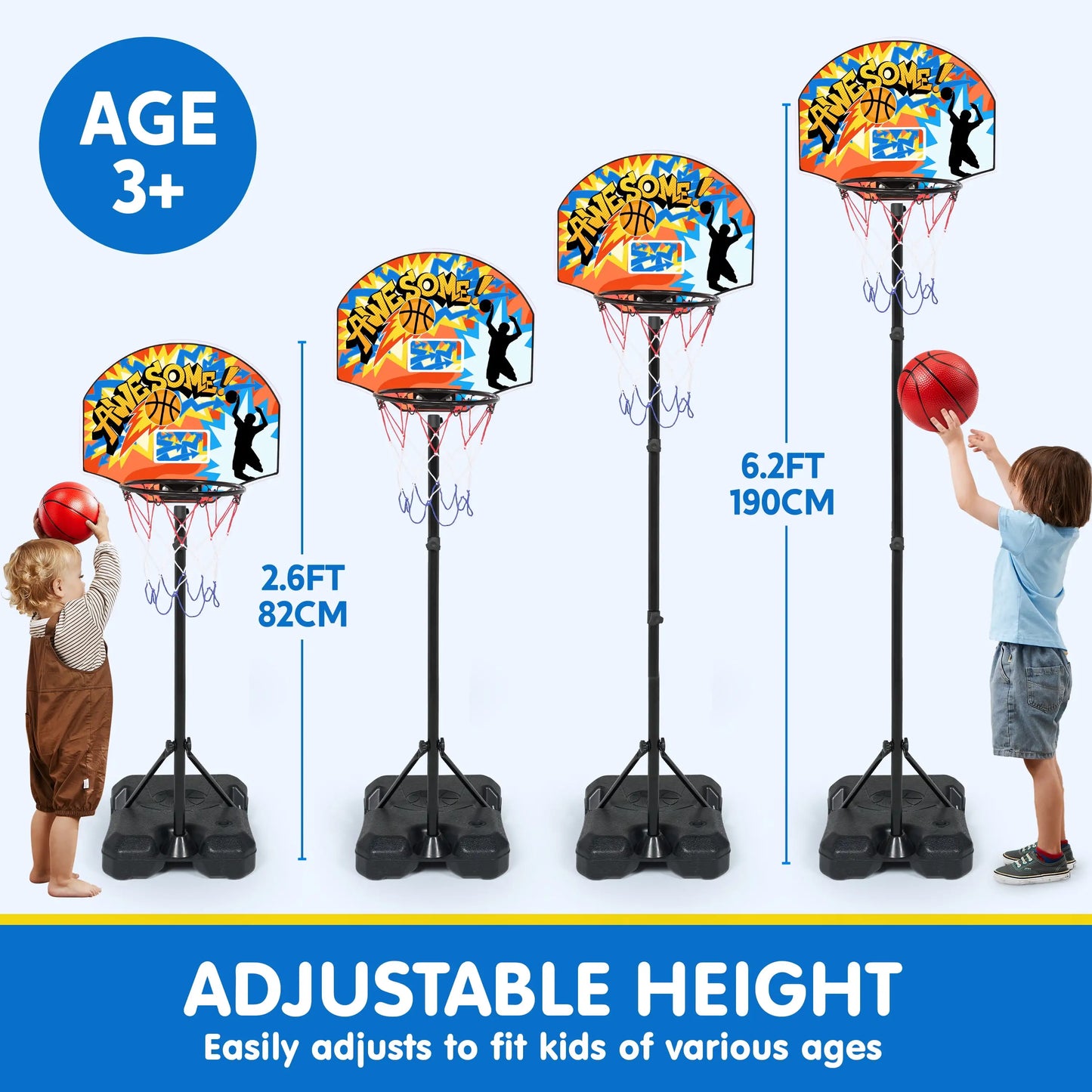 2.8-6.2 ft Adjustable Kids Basketball Hoop with 4 Balls Toddler Indoor Outdoor Basket Ball Game Set for Boys Girls