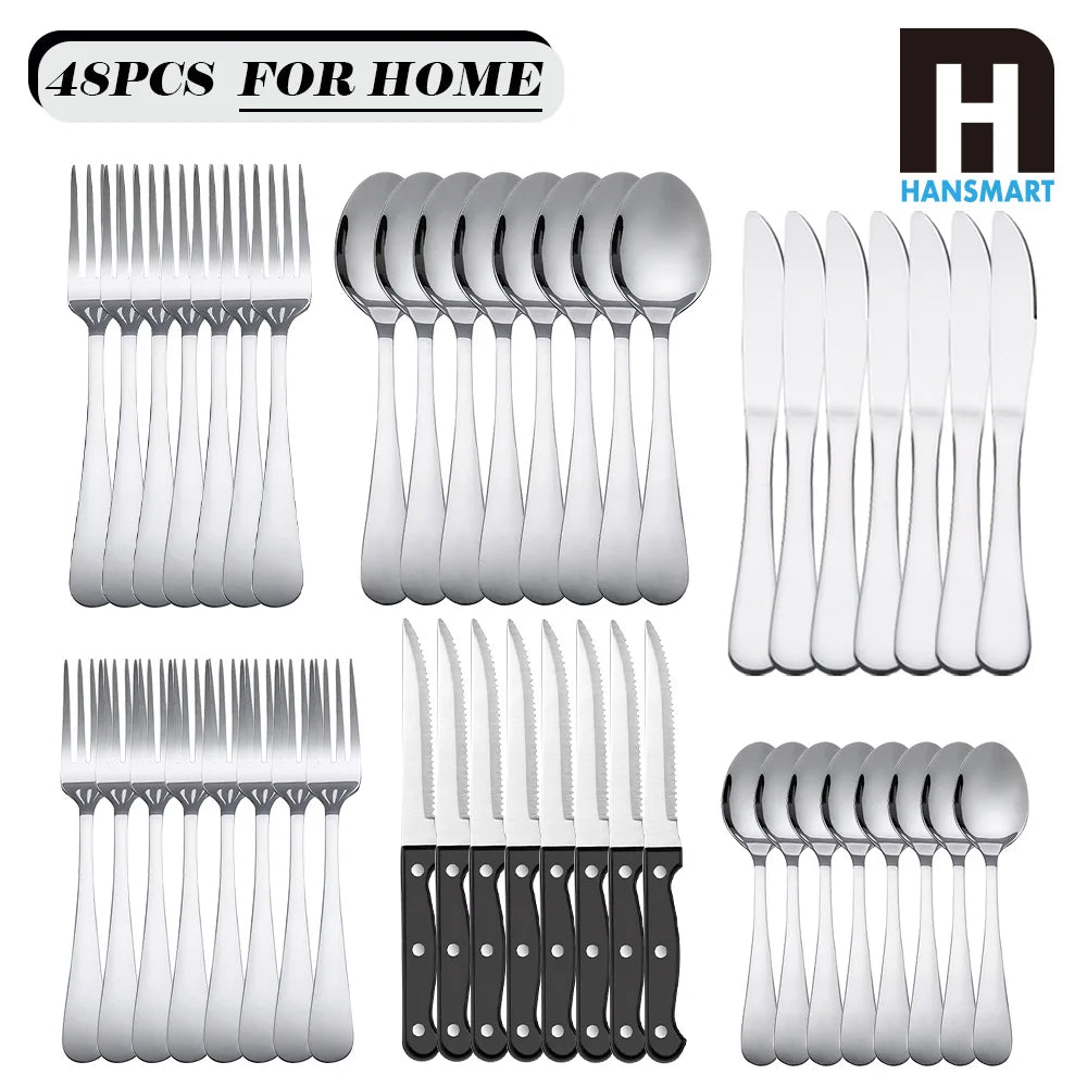 48Pcs Stainless Steel Cutlery Set Steak Knives Included Mirror Polished Flatware Set Dinner Knife Fork Spoon Tableware Kitchen Utensils Dishwasher Safe For Home Restaurant Party