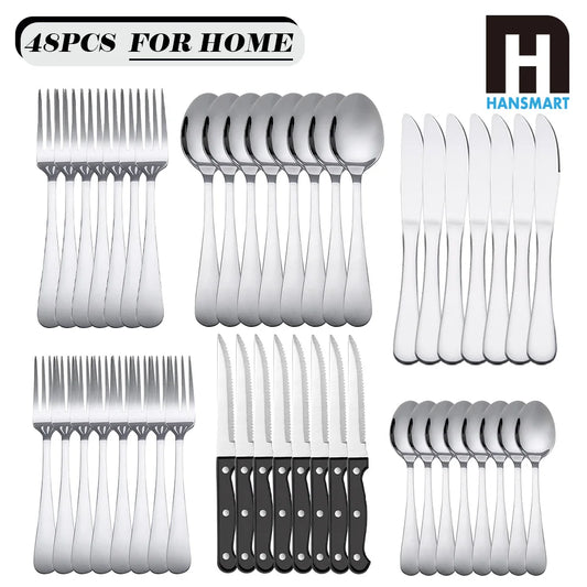 48Pcs Stainless Steel Cutlery Set Steak Knives Included Mirror Polished Flatware Set Dinner Knife Fork Spoon Tableware Kitchen Utensils Dishwasher Safe For Home Restaurant Party