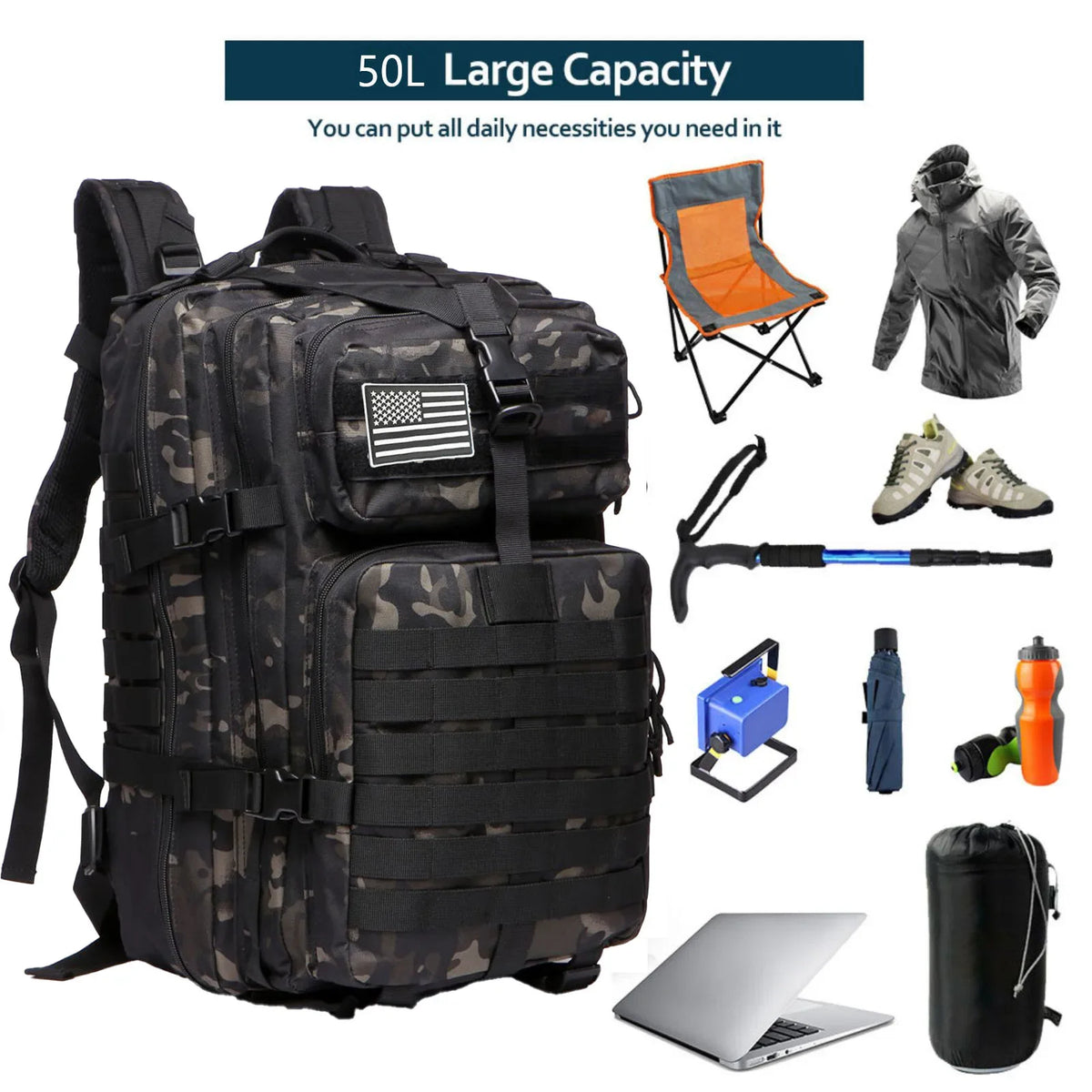/50L Sturdy Nylon Waterproof Tactical Sports Trekking Fishing Hunting Camping Hiking Bag Backpack Outdoor Rucksacks