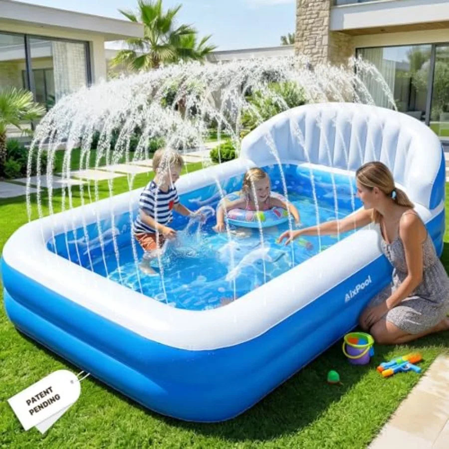 Inflatable Pool with Sprinkler, Durable Blow up Pool with Big Backrest, Rectangle Pool Backyard, Swimming Pool