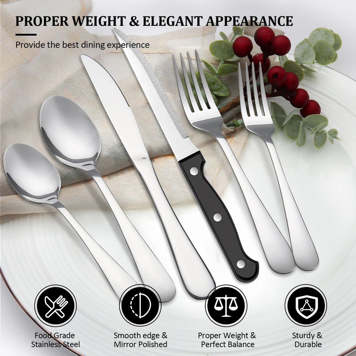 48Pcs Stainless Steel Cutlery Set Steak Knives Included Mirror Polished Flatware Set Dinner Knife Fork Spoon Tableware Kitchen Utensils Dishwasher Safe For Home Restaurant Party
