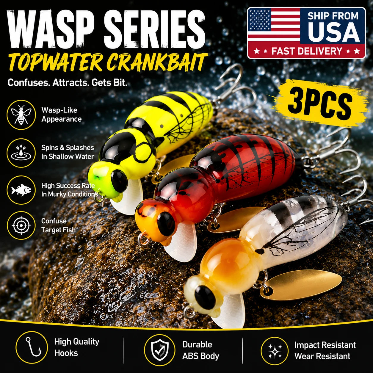 3Pcs Wasp Minnow Topwater Fishing Lure Two Types 35mm 3.9g Floating Spinner Single Hook Artificial Hard Baits Bass Pike