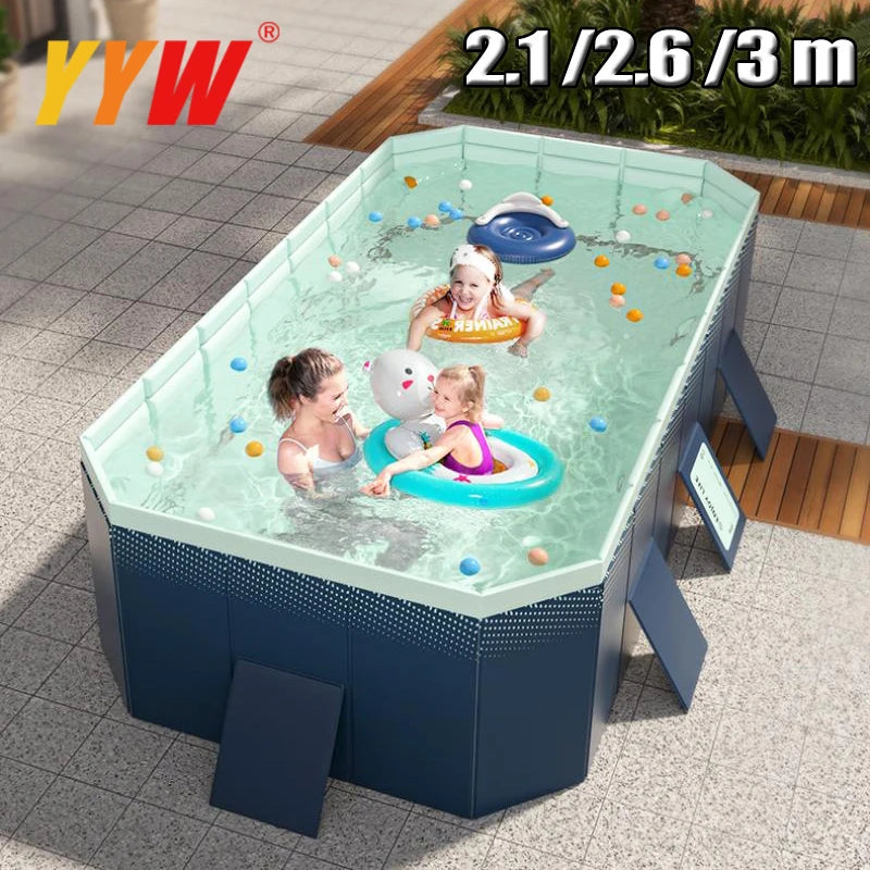 2.6/3m Foldable Large Rectangular Family Swimming Pool, Non-Inflatable, Easy Set-up, Suitable for Adults Kids