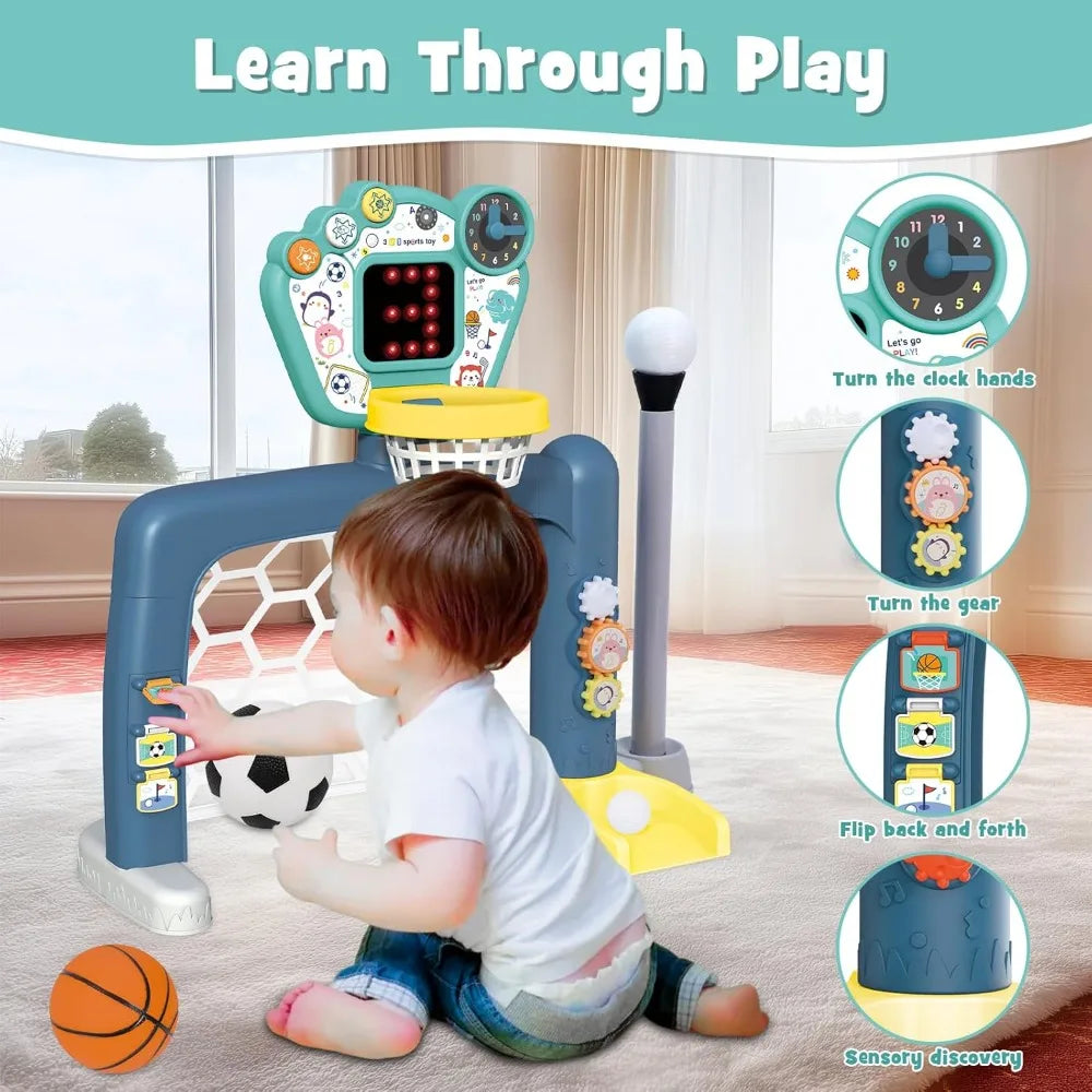 4 in 1 Adjustable Basketball Hoop Soccer Goal for Toddlers, Kids Sports Toys with Golf Baseball, LED Scoreboard, Music & Educational Games, Indoor Outdoor Activity Center Age 18+ Months