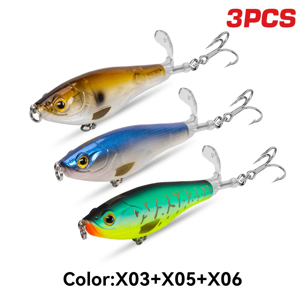 3PCS Topwater Lure Set 90mm/11g & 110mm/17g Artificial Popper Whopper Plopper Hard Wobblers for Bass Trout Pike Zander Fishing