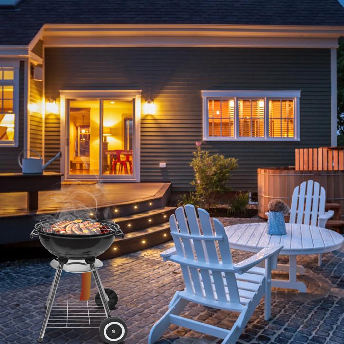 Portable Charcoal Grill with Thermometer & Wooden Handle Compact Tabletop Barbecue Grill for Outdoor Camping BBQ Grilling Backy